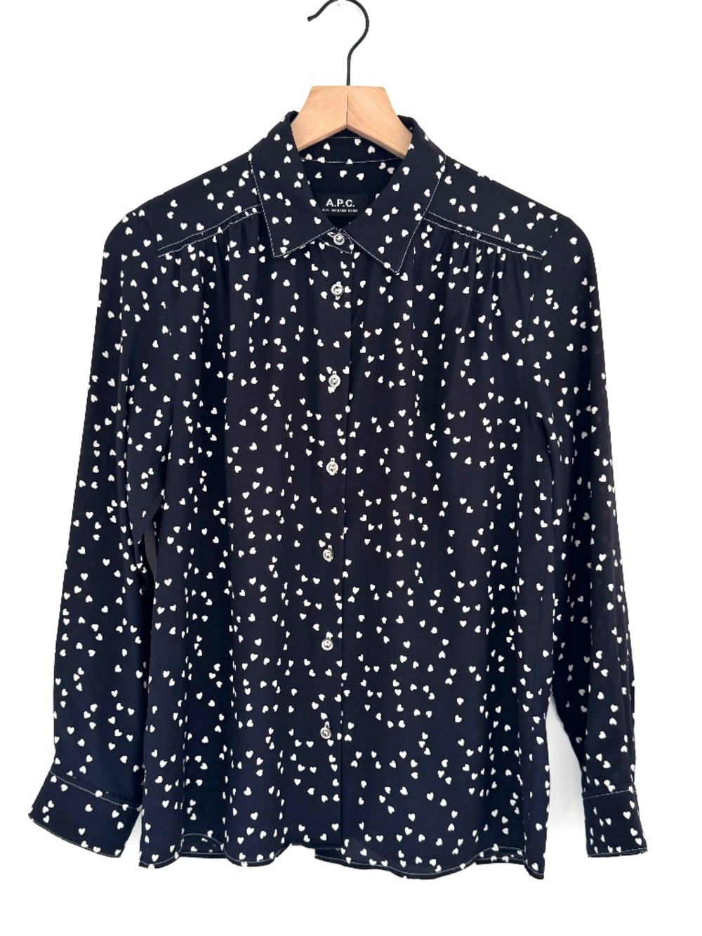 2019 A.P.C. Sutton Heart-Print Silk Blouse - Small (FR 36) - Navy Blue